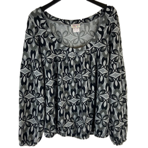 Funky People Black and Gray Floral Elastic Waist Puff Sleeve Top Size XL